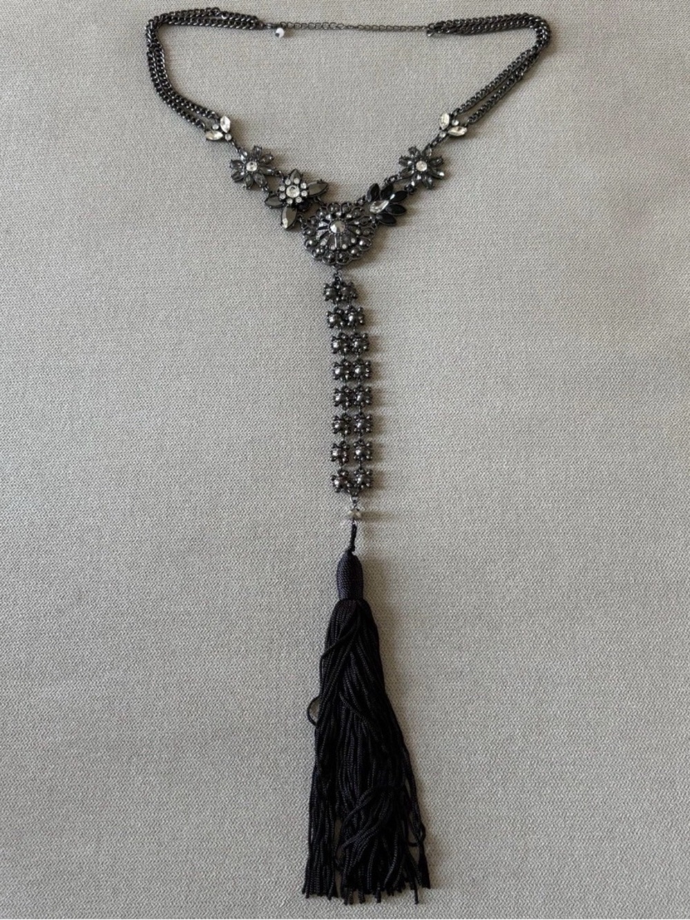Statement Black Tassel Y-Necklace with Gunmetal Crystals